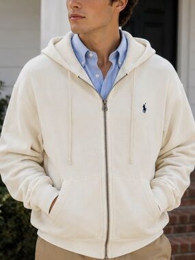 Polo Ralph Lauren Heavyweight Full Zip Hoodie XXL Cream Fleece Lined Sweatshirt